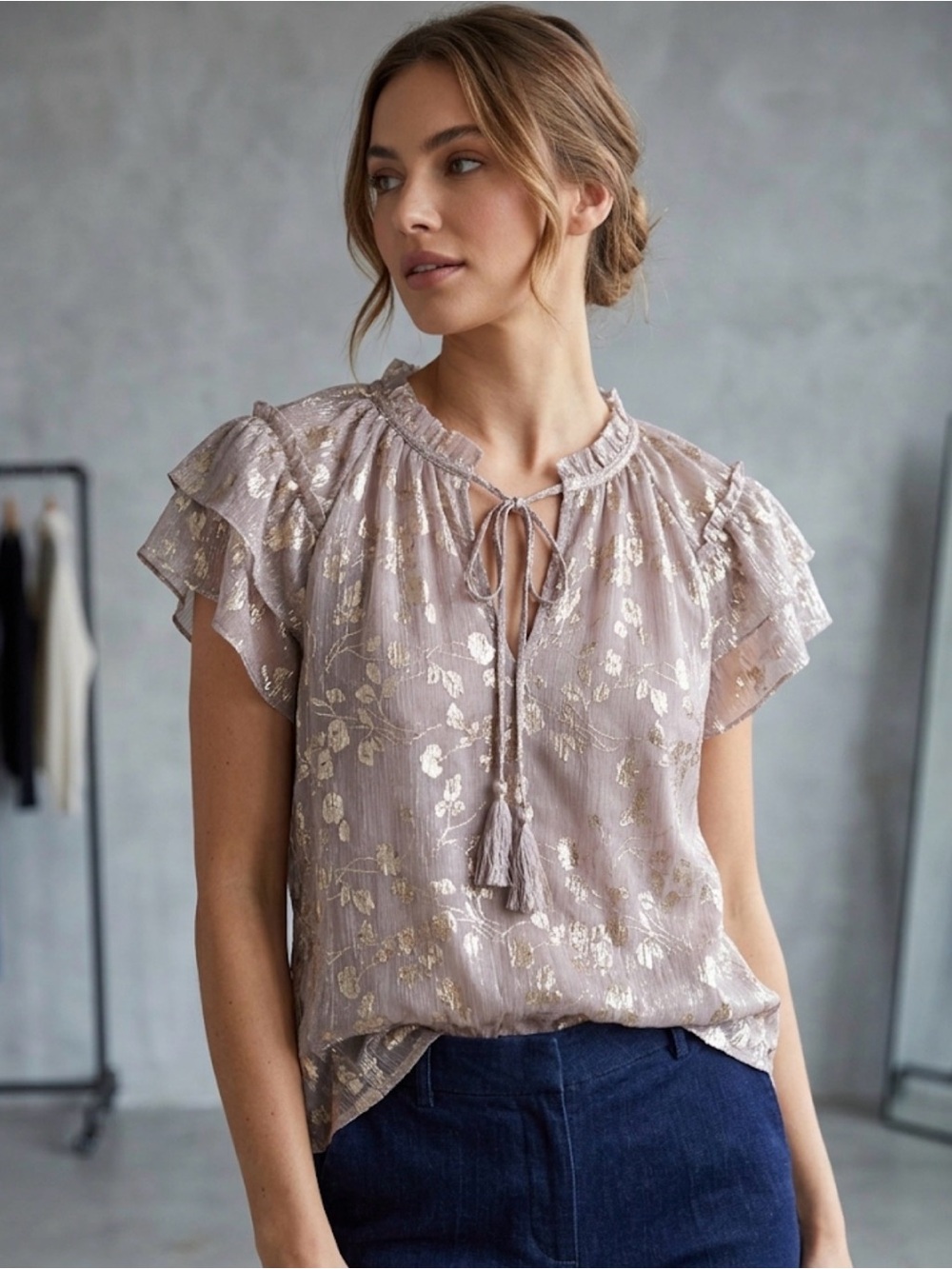 NWT Haver & Blair Metallic Floral Tie-Neck Ruffle Sleeve Blouse